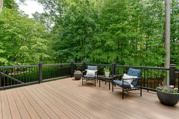 Beautiful Summer Staged Deck with Nature Woods and a Flower Pot