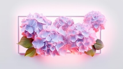 Hydrangea flowers with pink neon frame around. Generative ai