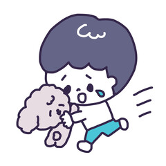 かわいいトイプードルの子犬と男の子が抱き合うイラスト（全身）