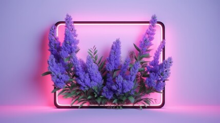 Lavender flowers with pink neon frame. Generative ai