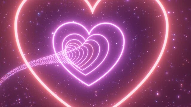 Going Backwards On Pink Neon Glowing Roller Coaster Hill Heart Tunnel - 4K Seamless VJ Loop Motion Background Animation