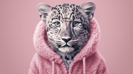 Fototapeta na wymiar Pastel pink illustrated portrait of a leopard standing and posing in an animal leopard print sweater. Generative ai