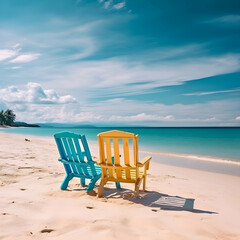 Relax chair Empty sea wave sand sun tropical beach background. Generative Ai.