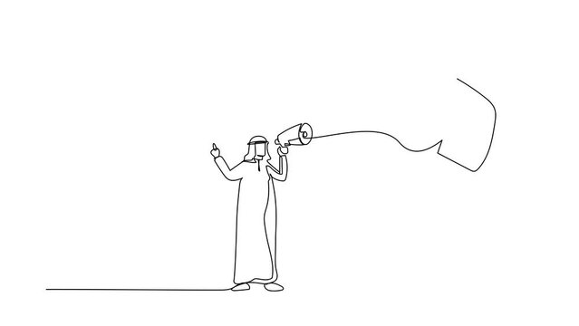 Animated self drawing of continuous line draw active Arab businessman speaking with megaphone under giant shoe. Boot stepping on businessperson. Minimalism metaphor. Full length one line animation