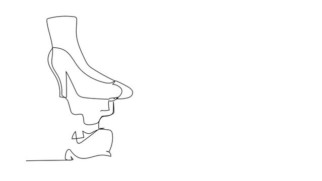Self drawing animation of single line draw Arab businesswoman under giant foot stomping. Violence of dictator toward tiny woman, big shoes crush business people. Continuous line. Full length animated