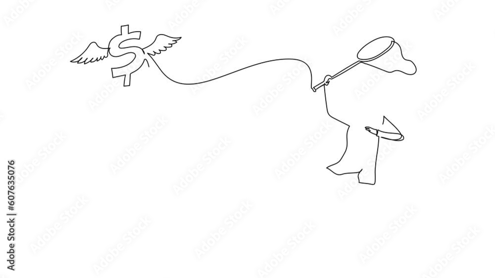 Poster animated self drawing of continuous line draw arabian businesswoman try to catching flying dollar sy