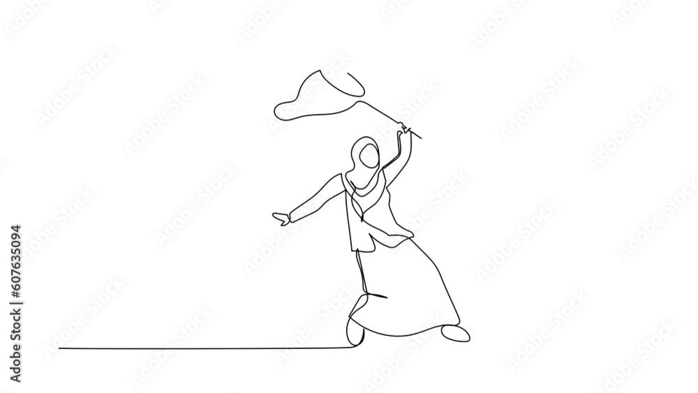Poster animated self drawing of continuous line draw arabian businesswoman try to catching flying wallet wi