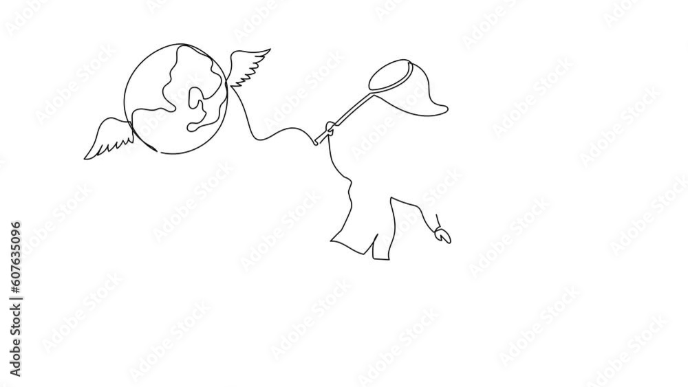 Poster animated self drawing of continuous line draw arab businesswoman try to catching flying globe with b
