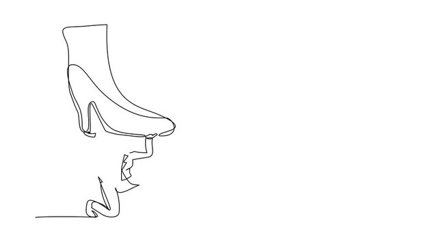 Self drawing animation of single line draw businesswoman under giant foot stomping. Violence of dictator toward tiny woman, big shoes crush business people. Continuous line draw. Full length animated