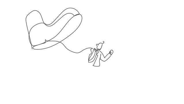 Animated self drawing of continuous line draw businessman run away from stomping foot. Male employee oppressed by the boss with under big shoe. Minimalist metaphor. Full length one line animation