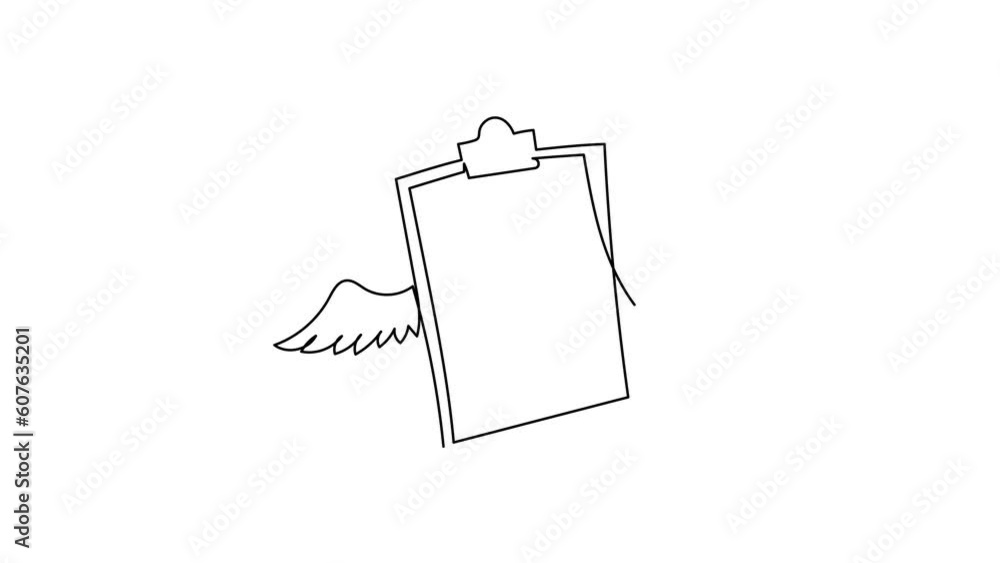 Poster animated self drawing of single continuous line draw flying clipboard with wings. filling control li