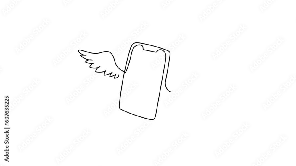 Poster self drawing animation of single line draw flying smartphone with wings. winged cellphone with touch
