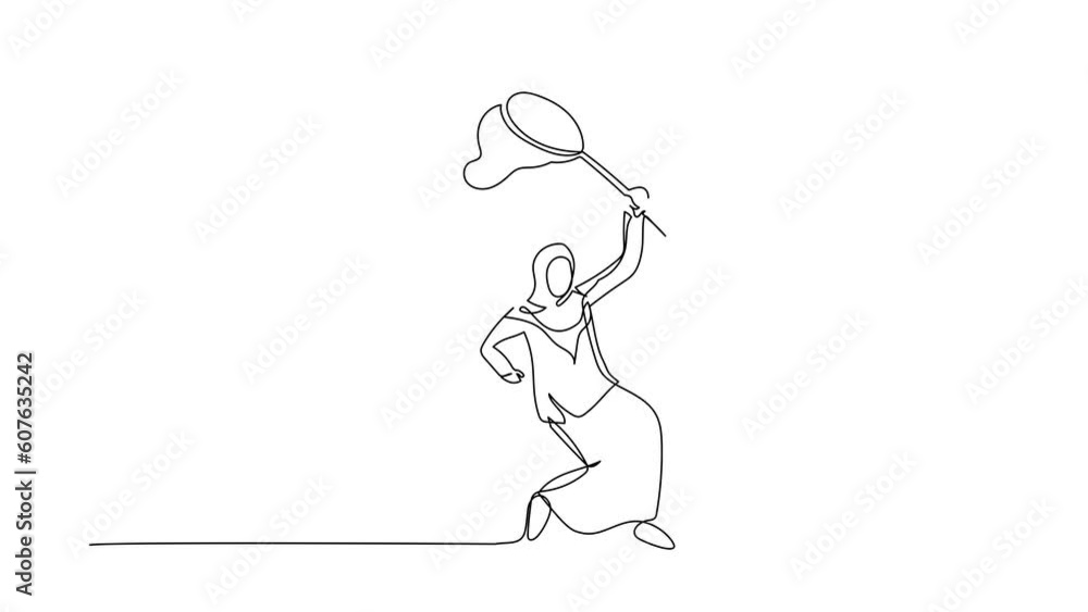 Poster self drawing animation of single one line draw arab businesswoman try to catching flying hourglass w
