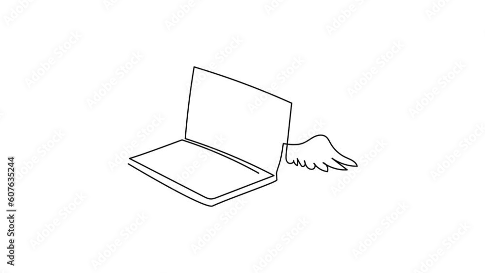 Poster animated self drawing of continuous line draw flying laptop with wings. winged laptop computer flyin