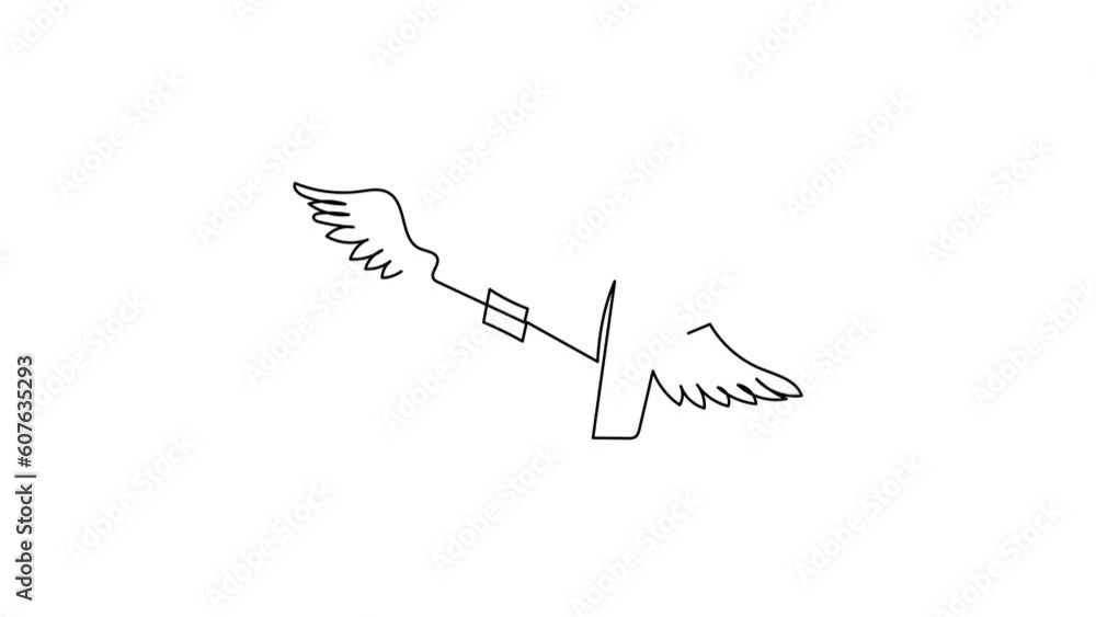 Poster animated self drawing of single continuous line draw flying briefcase with wings. traveling suitcase