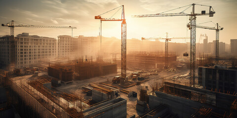 Fototapeta na wymiar Illustration of a construction site with multiple cranes and a golden sunset. Generative AI
