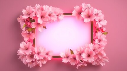 Sakura flowers with pink neon frame. Generative ai