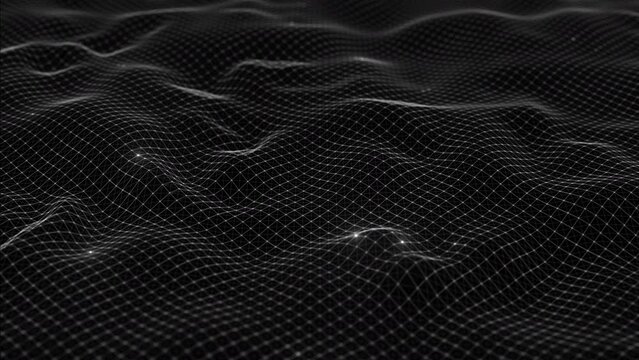 Flowing smooth Plexus terrain waves background. Grid, mesh of dots and lines. Big data connection. Seamless loop animation