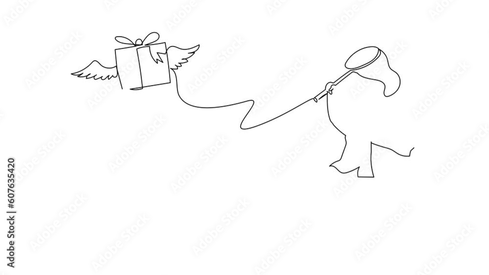Poster animated self drawing of continuous one line draw arab businesswoman try to catching flying gift box