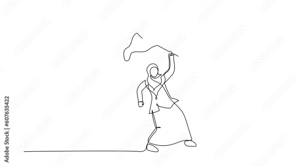 Poster self drawing animation of single one line draw arab businesswoman try to catching flying key with ne