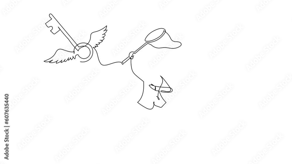 Aufkleber self drawing animation of single one line draw arab businesswoman try to catching flying key with ne