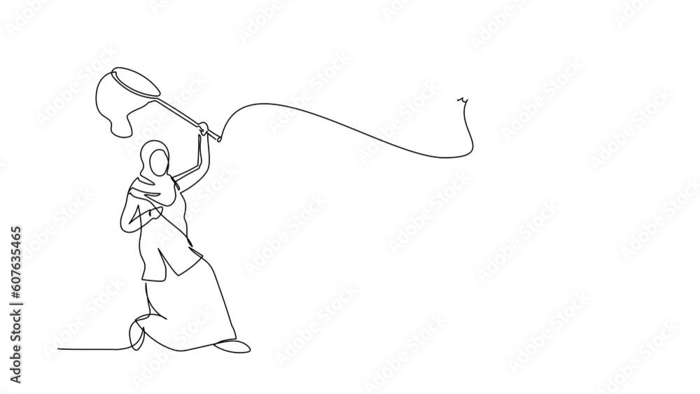 Poster self drawing animation of single line draw arab businesswoman try to catching flying alarm clock wit