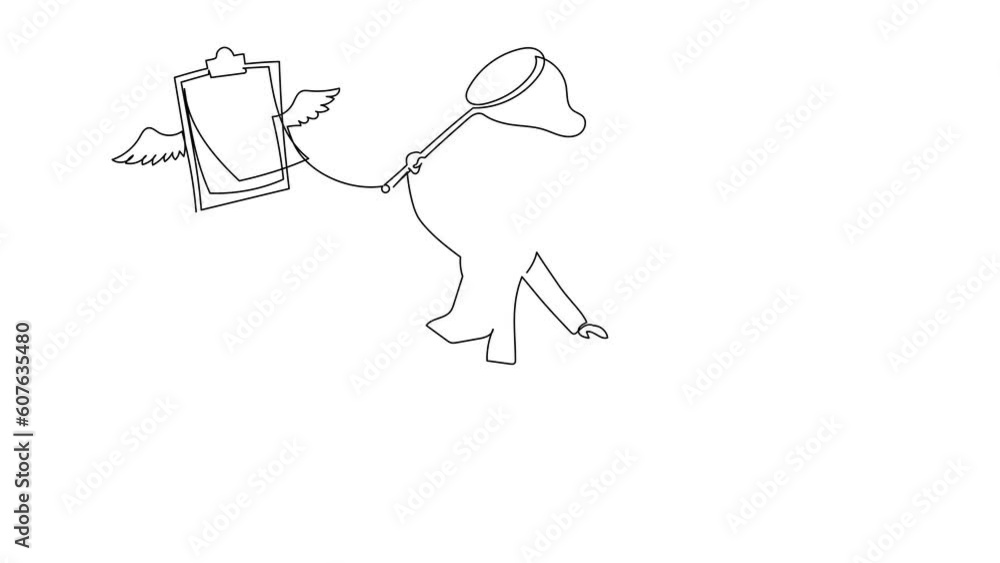 Poster animated self drawing of continuous line draw arab businesswoman try to catching flying clipboard wi