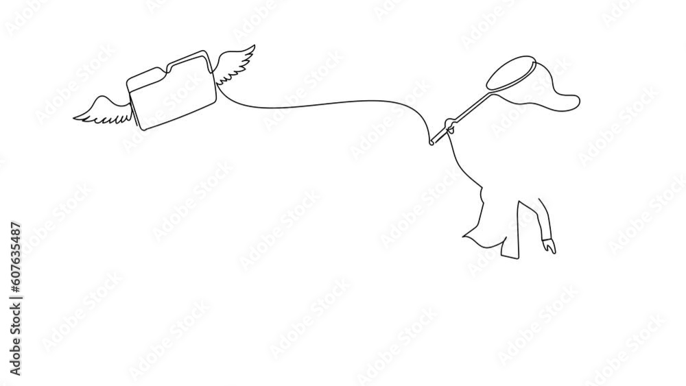 Poster animated self drawing of continuous one line draw arabian businesswoman try to catching flying folde