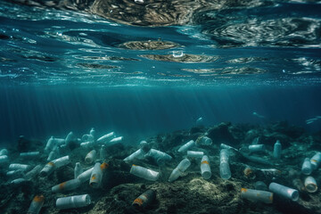 An image of trash plastic bottles drifting in the ocean. Generative AI