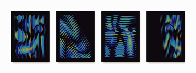 Abstract wall art, mesmerizing blue gradient wavy line pattern on dark background. The composition creates abstract illusions, engaging imagination and adding a touch of intrigue to any space.