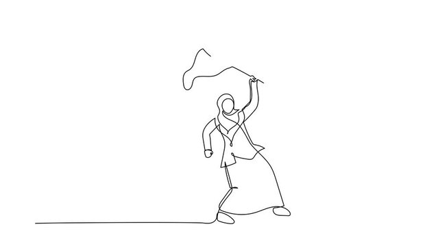 Self drawing animation of single one line draw Arab businesswoman try to catching flying key with net. Losing key of success career path. Business metaphor. Continuous line draw. Full length animated