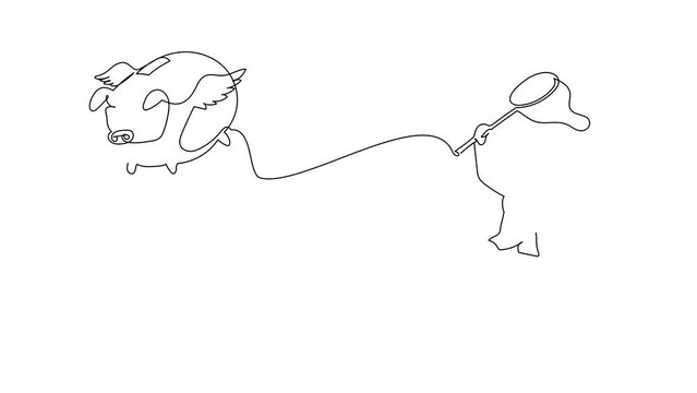 Animated self drawing of continuous line draw Arabian businesswoman try to catching flying piggy bank with butterfly net. Future savings lost due to economic crisis. Full length one line animation