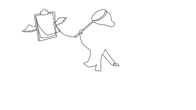 Animated self drawing of continuous line draw Arab businesswoman try to catching flying clipboard with butterfly net. Missing checklist of important data, document. Full length single line animation