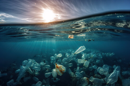 An image of trash plastic bottles drifting in the ocean. Generative AI