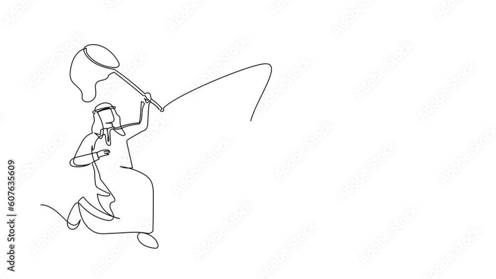 Poster animated self drawing of continuous line draw arab businessman try to catching flying hourglass with
