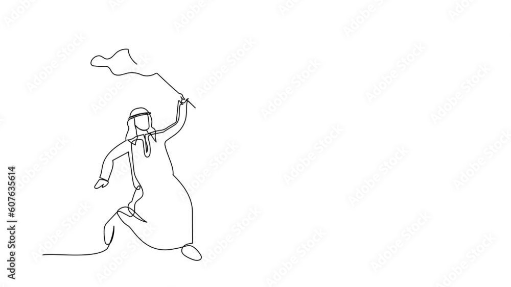 Poster self drawing animation of single one line draw arab businessman try to catching flying heart with ne