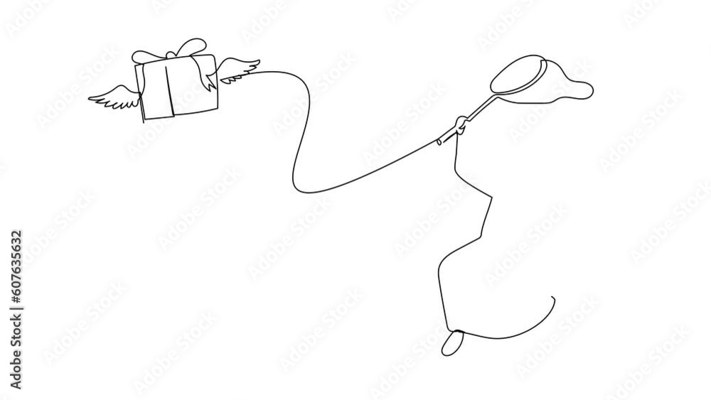 Poster self drawing animation of single one line draw arabian businessman try to catching flying gift box w