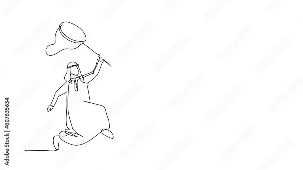 Poster animated self drawing of continuous line draw arabian businessman try to catching flying key with bu