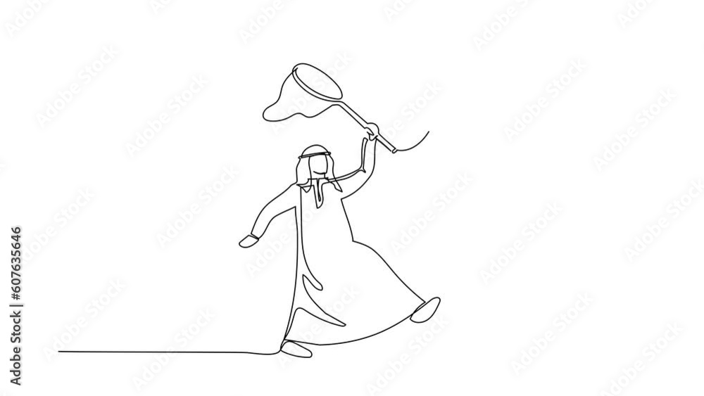 Aufkleber animated self drawing of continuous line draw arabian businessman try to catching flying piggy bank 
