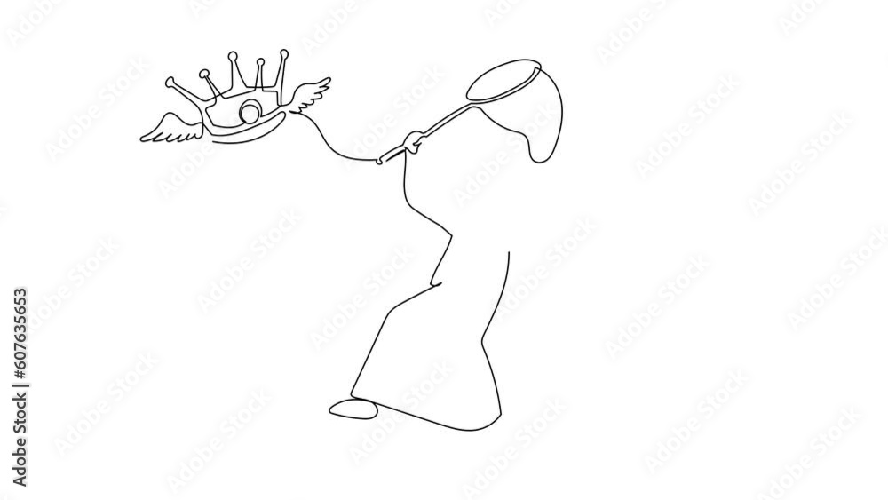 Poster animated self drawing of continuous line draw arab businessman try to catching flying crown with but