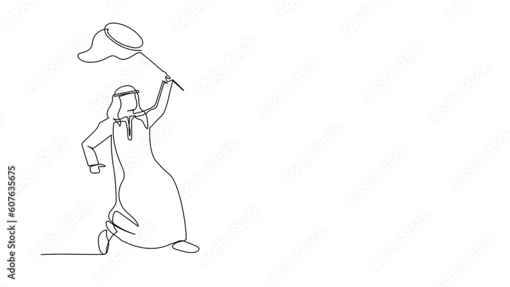 Poster self drawing animation of single one line draw arabian businessman try to catching flying clipboard 