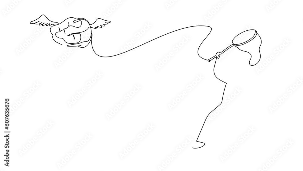 Poster animated self drawing of continuous one line draw arabian businessman try to catching flying brain w