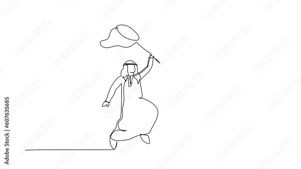Poster se;f drawing animation of single one line draw arab businessman try to catching flying folder with n