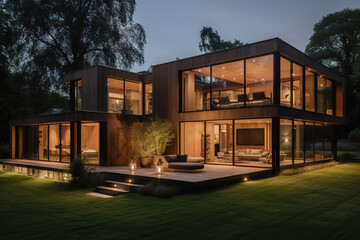A contemporary home with a large glass front, lawn and a patio, is seen in the evening. Generative AI