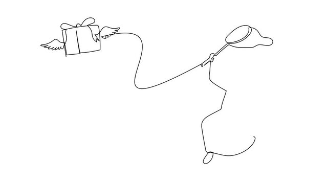 Self drawing animation of single one line draw Arabian businessman try to catching flying gift box with butterfly net. Losing package in shipping. Business. Continuous line draw. Full length animated