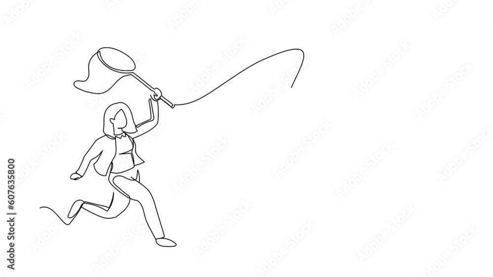 Poster self drawing animation of single one line draw businesswoman try to catching flying hourglass with b