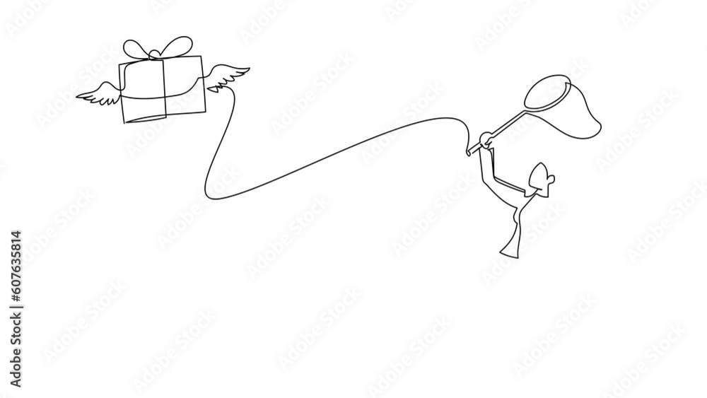 Poster animated self drawing of continuous line draw businesswoman try to catching flying gift box with but