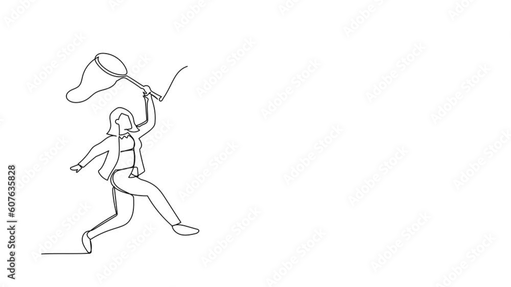 Aufkleber animated self drawing of continuous line draw businesswoman try to catching flying brain with butter