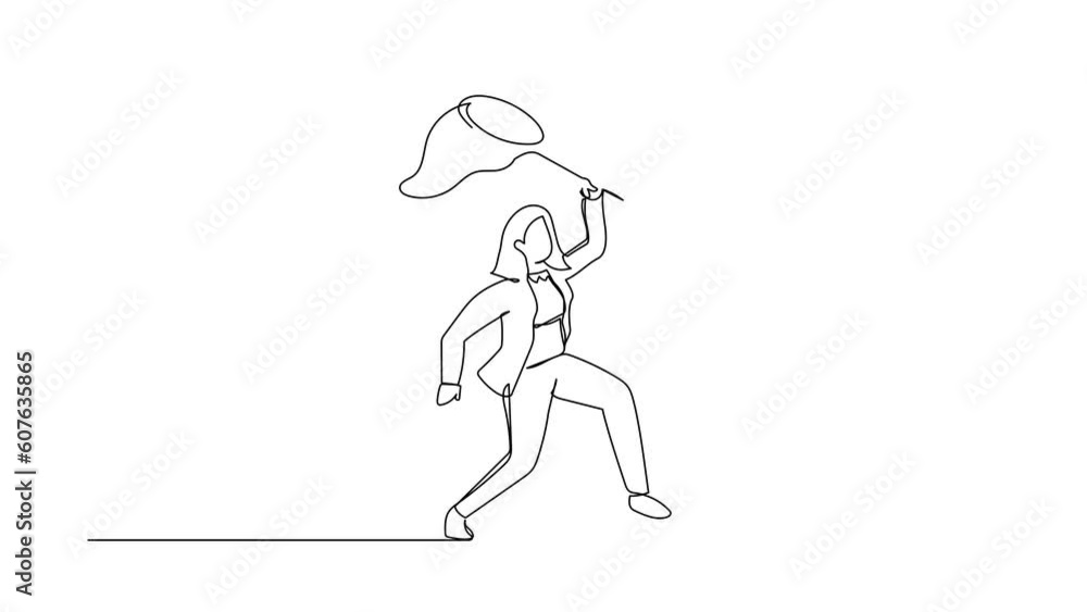 Poster self drawing animation of single one line draw businesswoman try to catch flying shield with net. ex