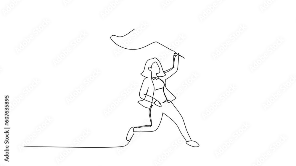 Poster self drawing animation of single one line draw businesswoman try to catching flying crown with net. 